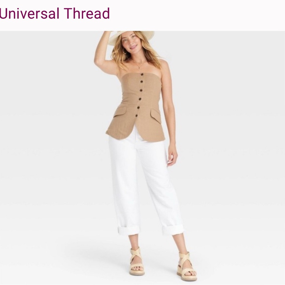Tan Button-Up Strapless Top